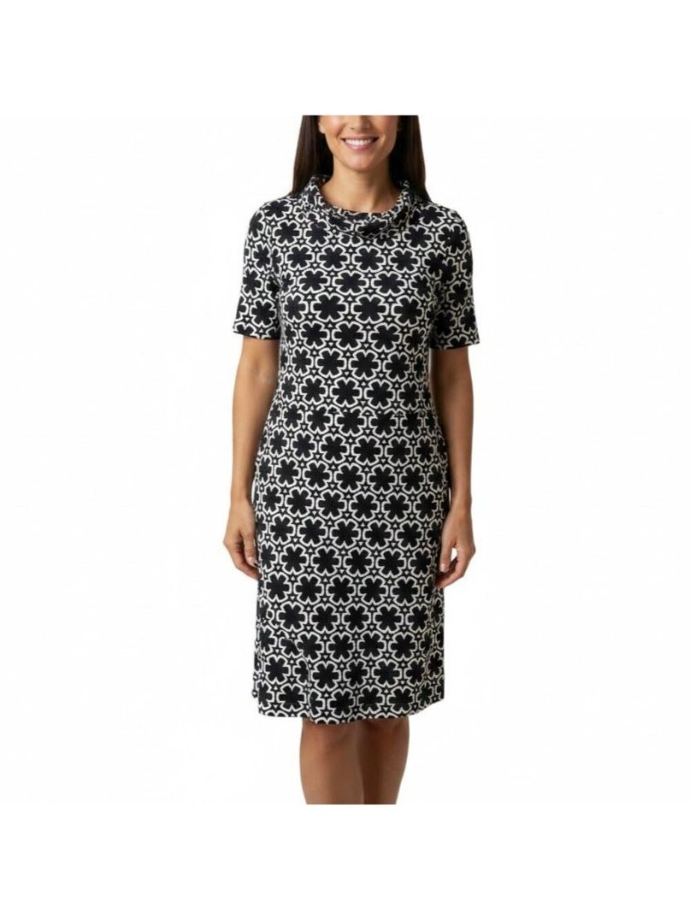Ann Taylor Size S Black & White Mock Neck Short Sleeve Geometric Print Dress